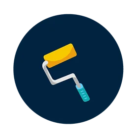 Flat design icon of a paint roller with a yellow roller pad and blue handle on a dark blue background, ideal for illustrating residential painting service.