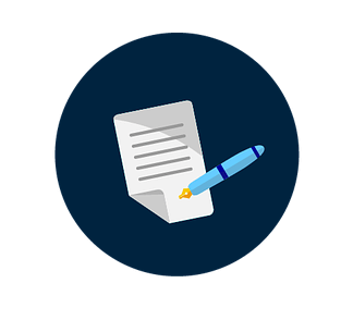 A stylized illustration of a pen lying on a document, depicted on a dark blue circular background.